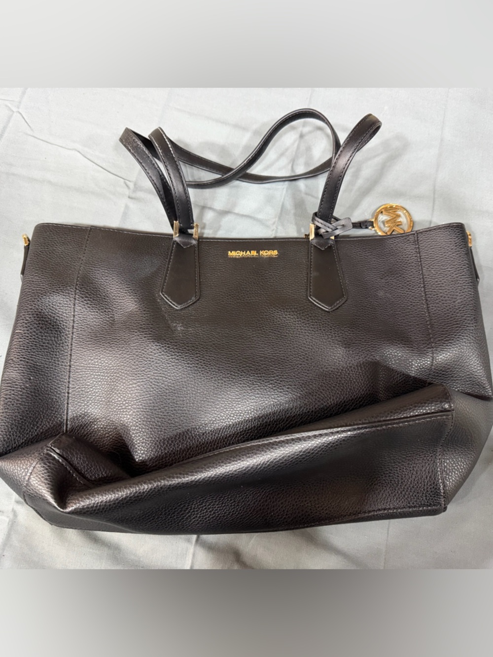 Michael Kors Black Pebbled Leather Shoulder Tote with Gold MK Charm & Wallet
